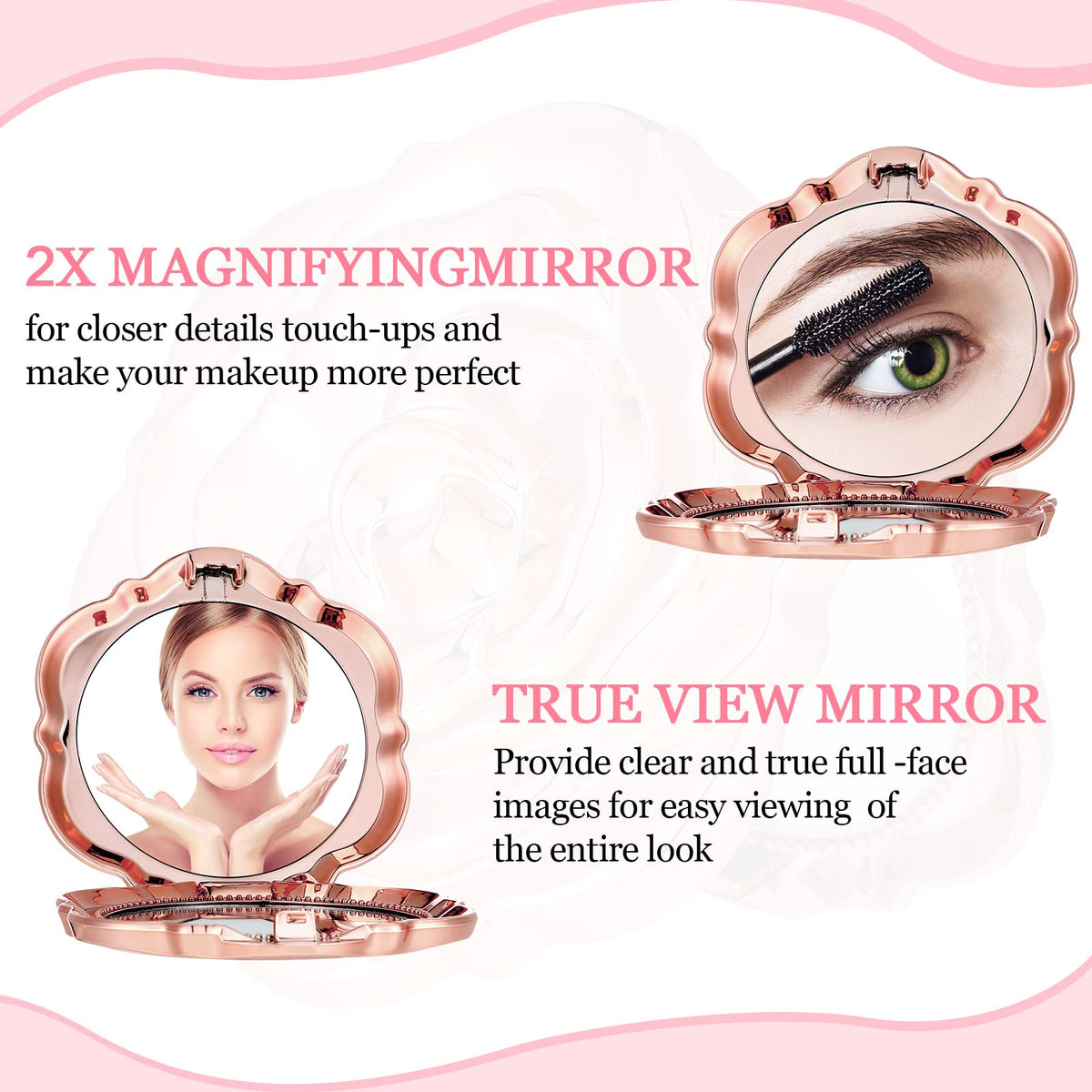 Woanger rose compact mirror featuring rose-gold finish for a premium look.