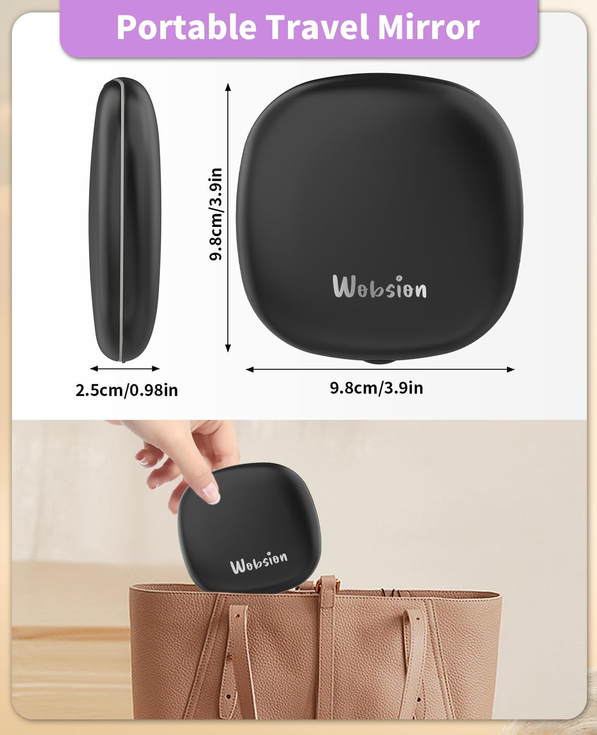 WOBSION compact 4-inch makeup mirror fits easily in a handbag