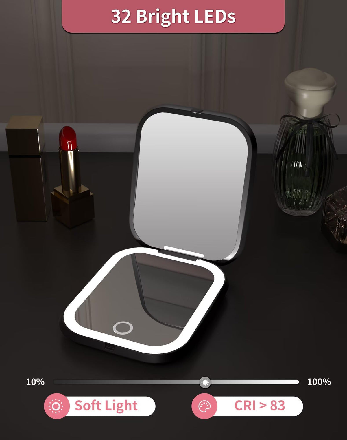 WOBSION dual-sided mirror 1X-5X for easy full-face viewing and detailing.