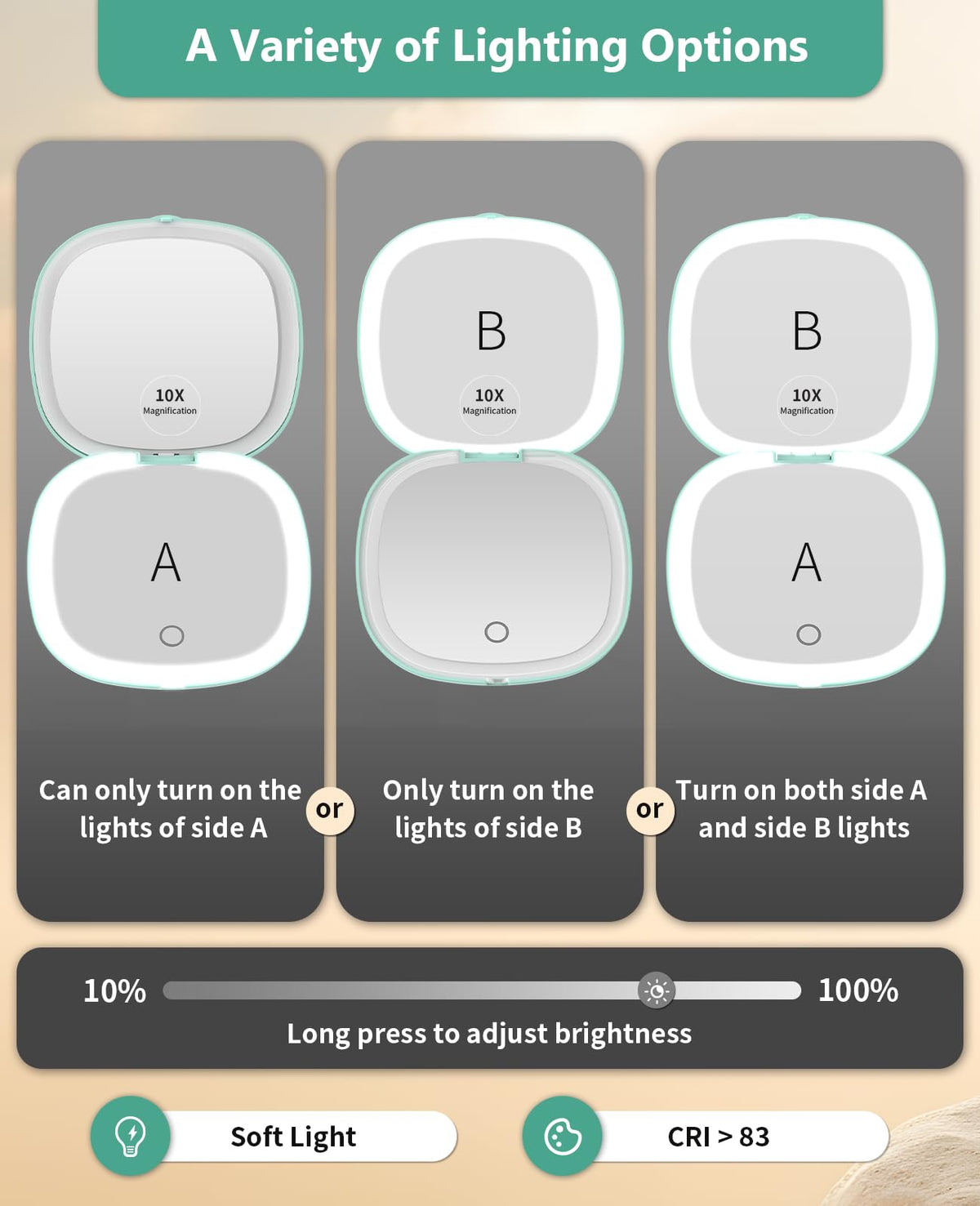 WOBSION rechargeable mirror with touch dimming for tailored brightness.