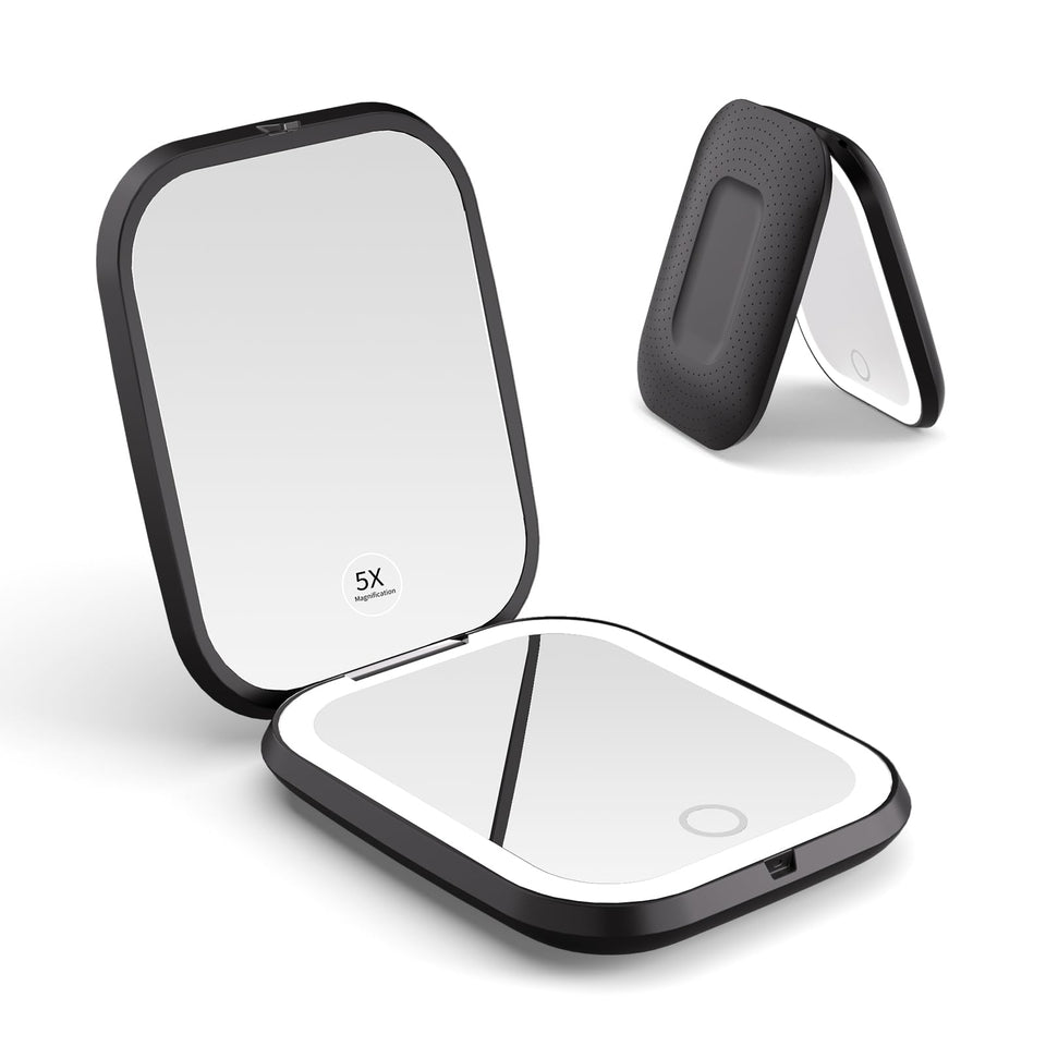 WOBSION rechargeable 5X magnifying travel mirror with light for precise touch-ups on the go.