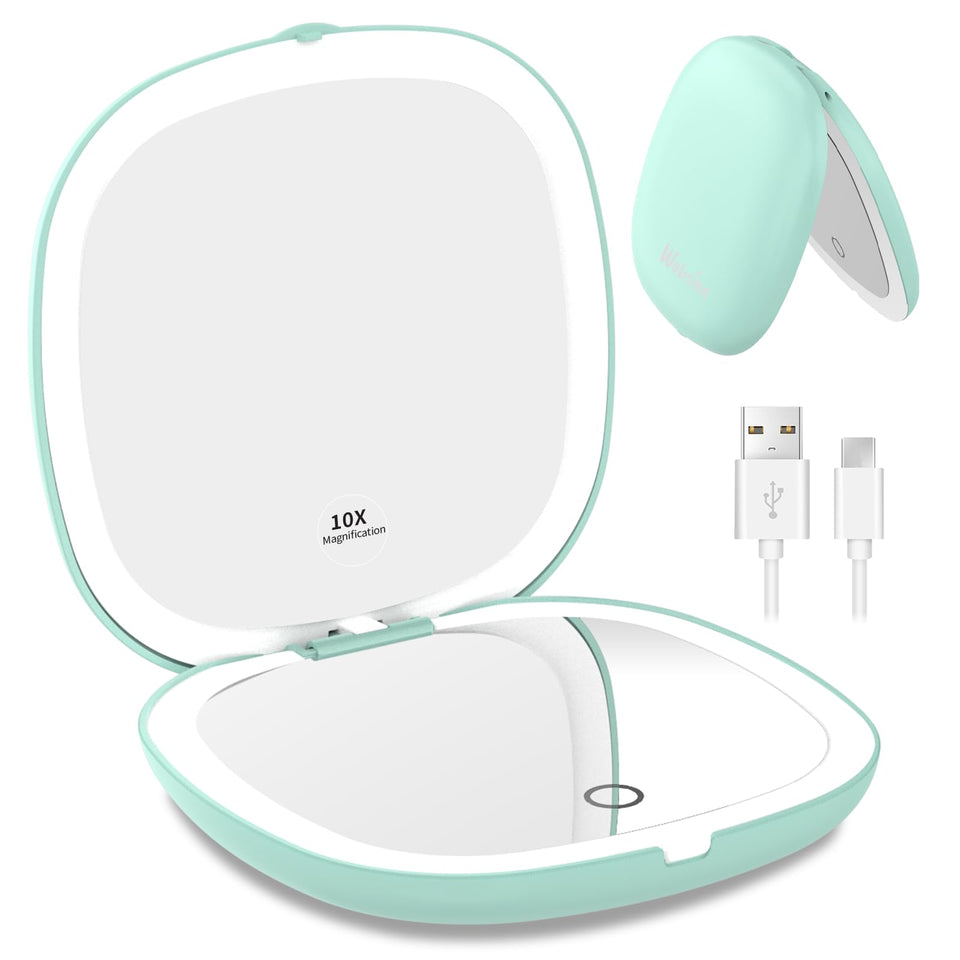 WOBSION travel mirror shows 1x and 10x magnification for detailed makeup.