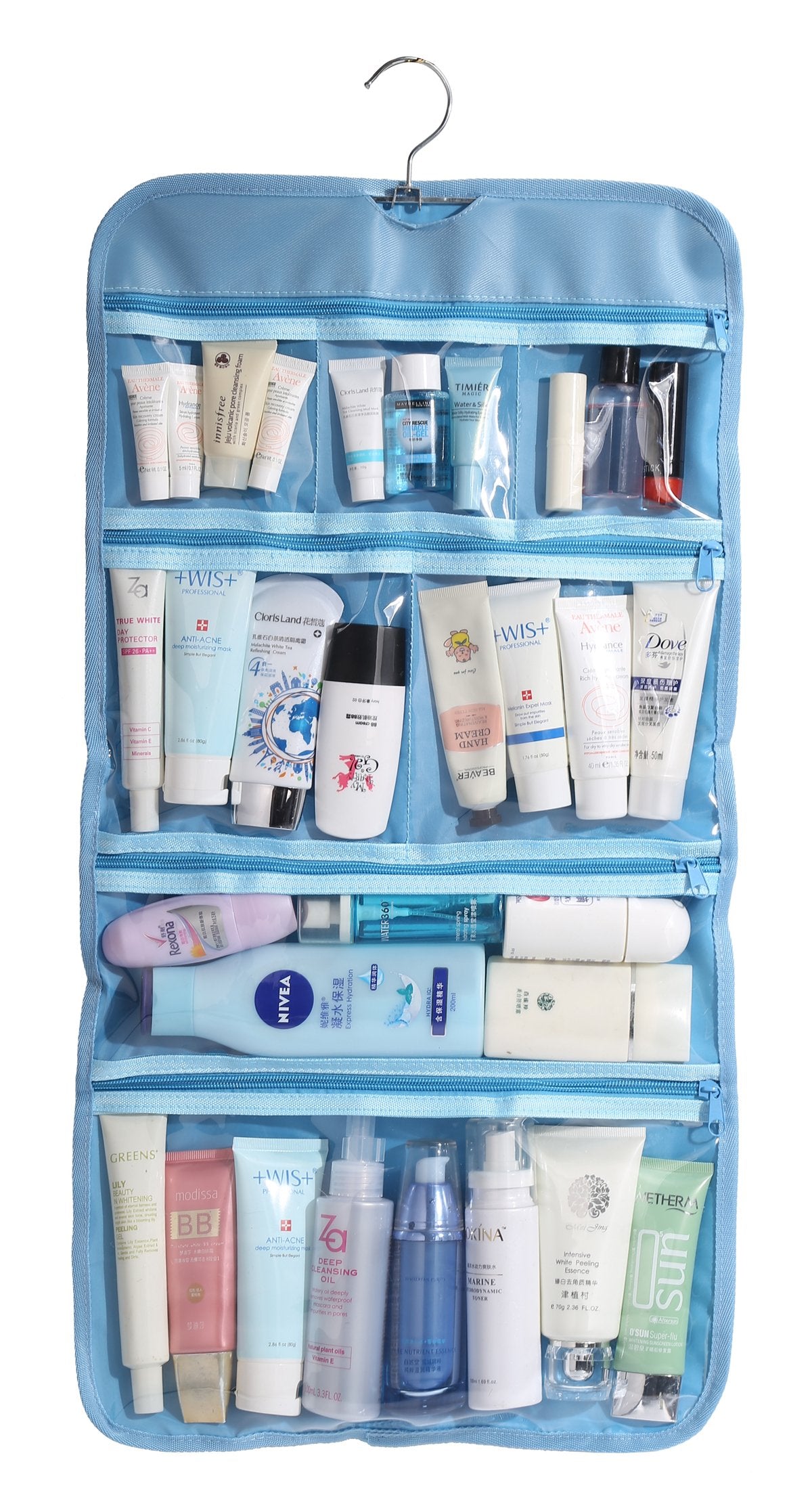Wodison rotary hanging hook toiletry bag frees up counter space in hotel rooms