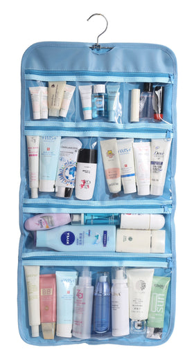Wodison rotary hanging hook toiletry bag frees up counter space in hotel rooms