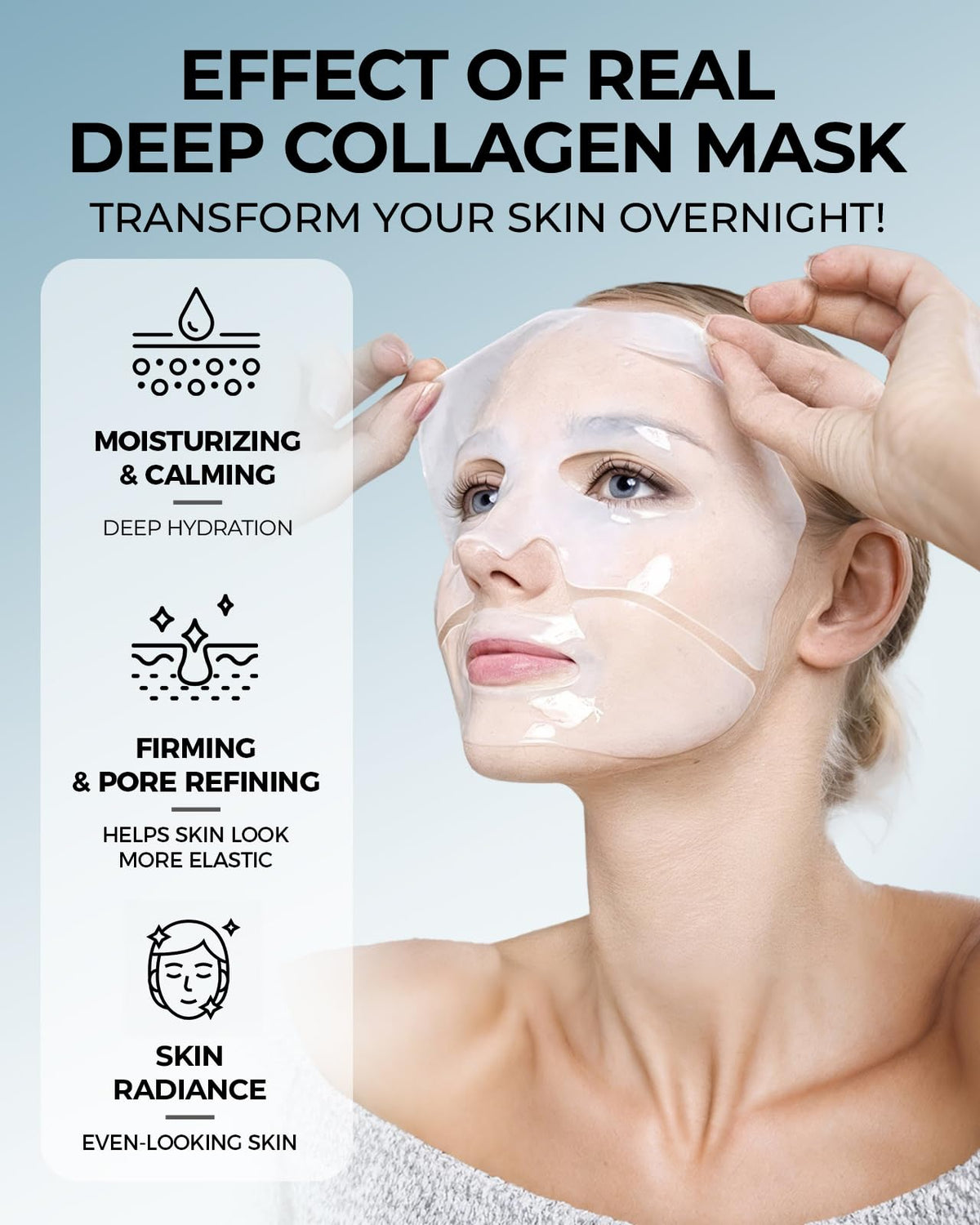 Wokatta bio-collagen mask sheets on the face showing even adherence and coverage.
