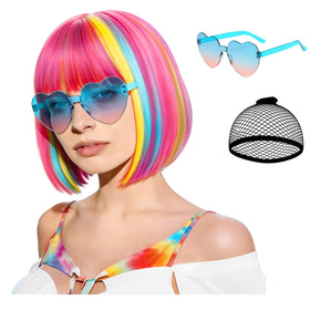 WOKNOW pink rainbow bob wig, vibrant color for neon party looks.