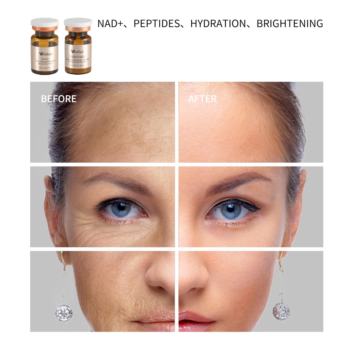 Wollet NAD+ peptide serum bottle being mixed, enabling instant activation and potency.