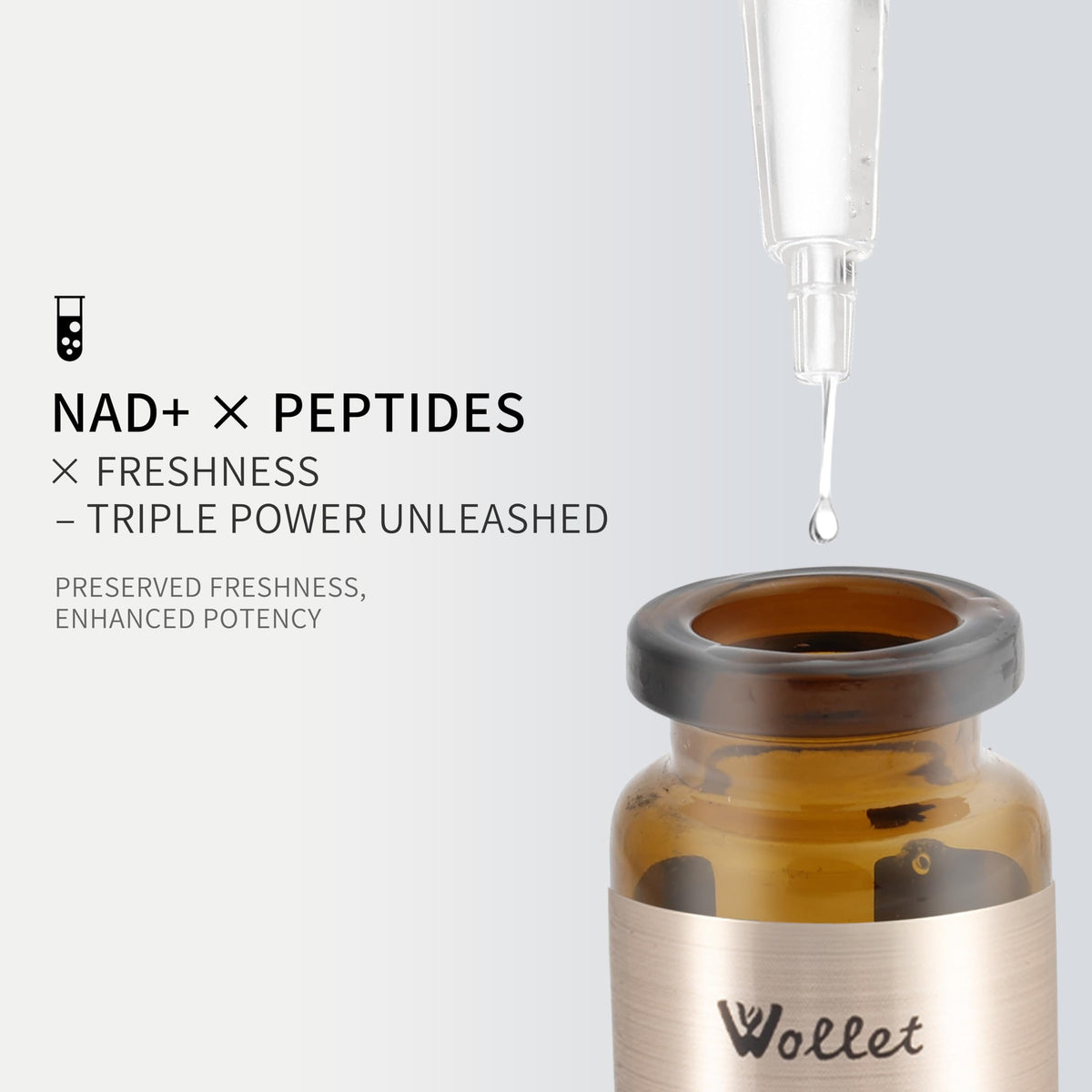Wollet NAD+ peptide serum liquid ampoules in activation, preserving strength for visible improvements.