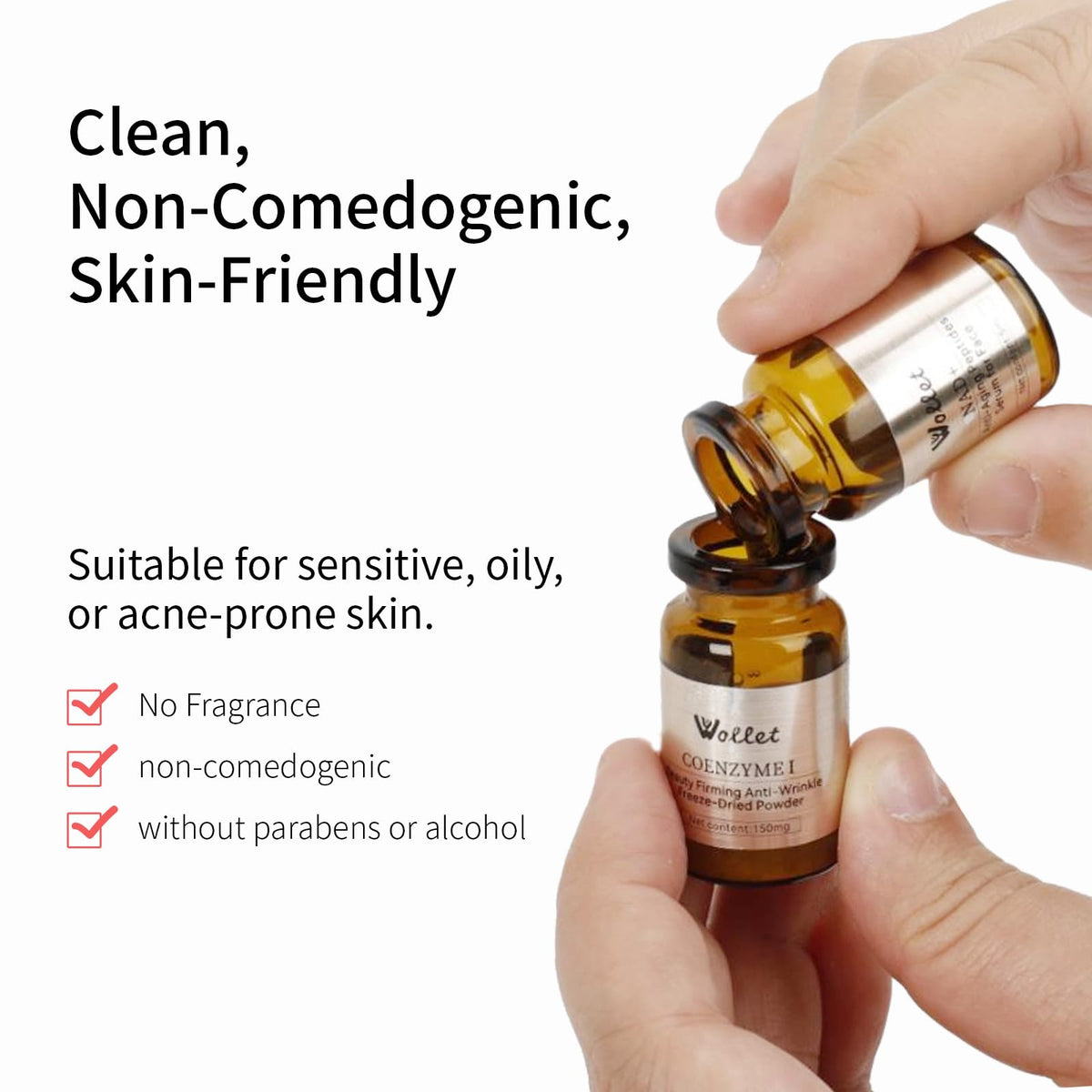 Wollet NAD+ peptide serum packaging labeled fragrance-free for sensitive skin.