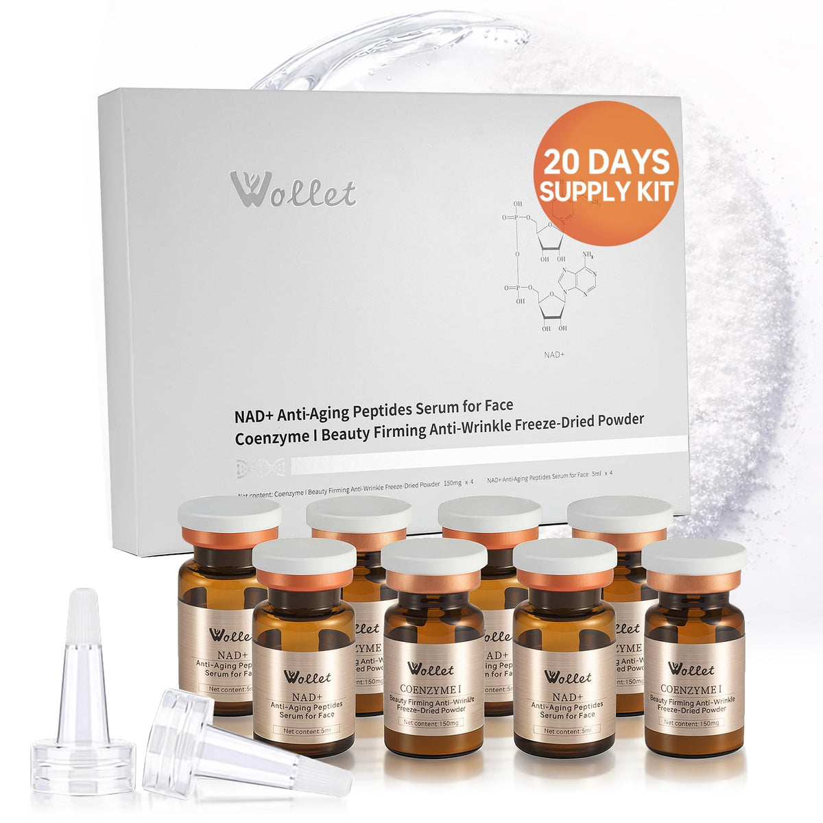 Wollet NAD+ peptide serum vials activation, showcasing fresh potency for first-use results.