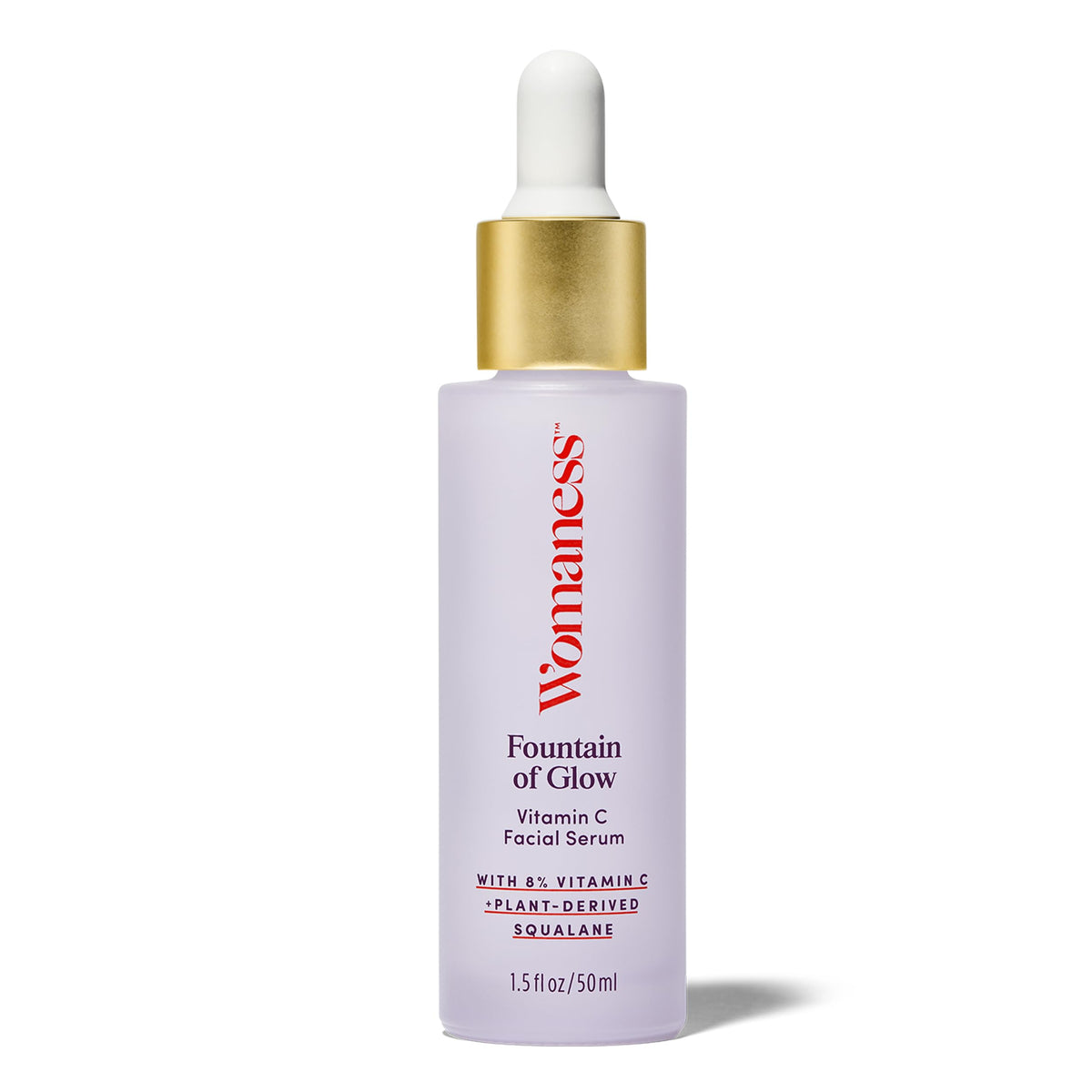 Womaness Fountain of Glow bottle close-up highlighting brightening formula.