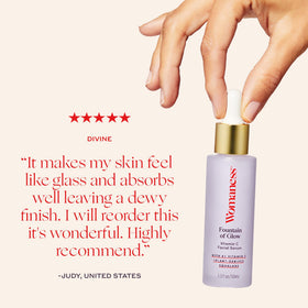 Womaness Fountain of Glow packaging on vanity highlighting bergamot aroma.