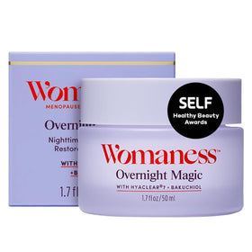 Womaness Overnight Magic face cream bottle with pump for easy nightly hydration.