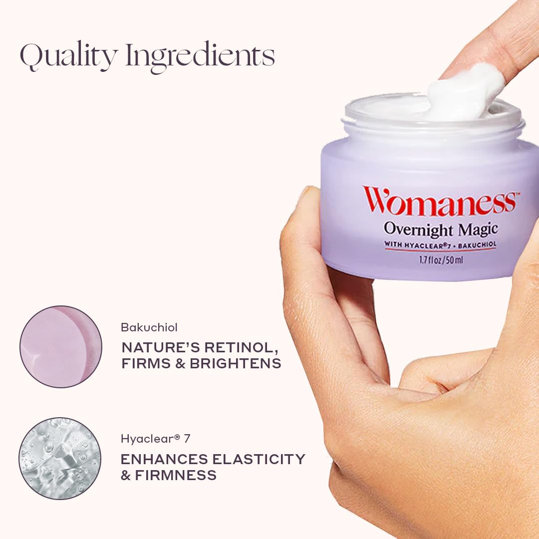 Womaness Overnight Magic face cream jar showing rich texture for smoothing morning radiance.