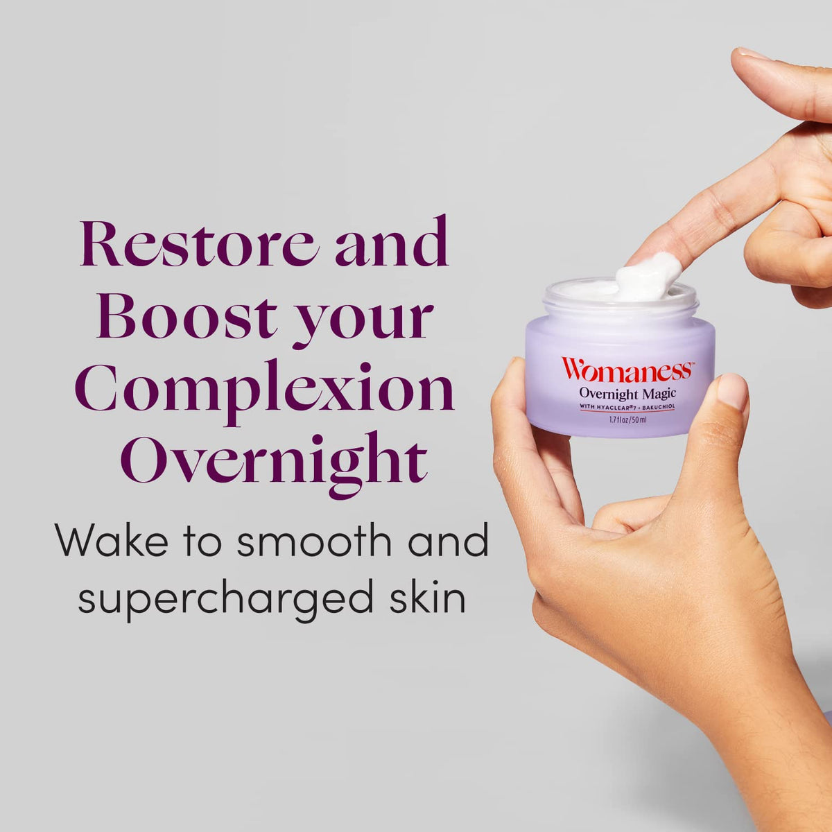 Womaness Overnight Magic hyaluronic acid graphic highlights deep hydration for supple skin.