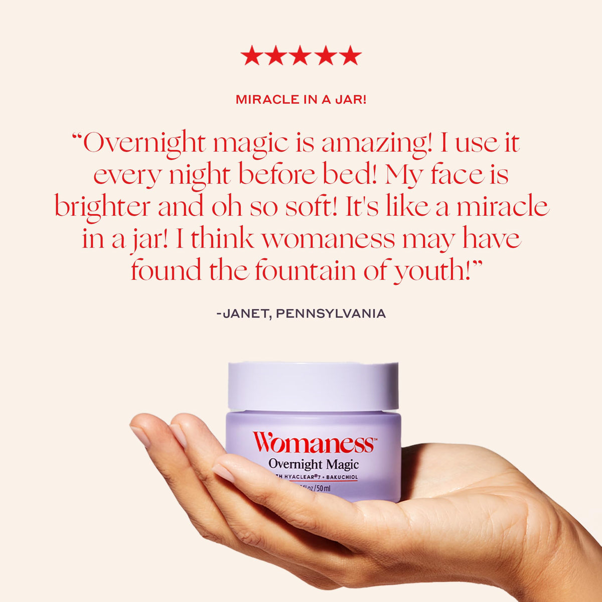 Womaness Overnight Magic night routine scene promotes targeted nighttime hydration.
