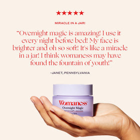 Womaness Overnight Magic night routine scene promotes targeted nighttime hydration.