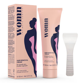 Womn Intimate Comfort cream bottle close-up for delicate bikini and underarm skin.