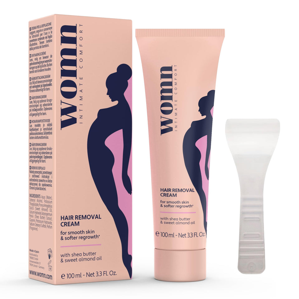 Womn Intimate Comfort cream bottle close-up for delicate bikini and underarm skin.