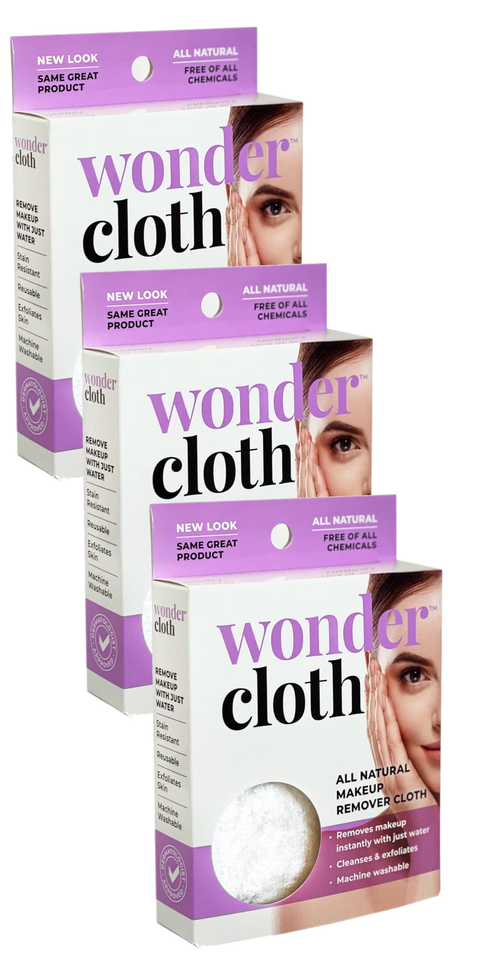 Wonder Cloth Pack 3 makeup remover closeup showing gentle water-only removal for sensitive skin.