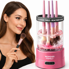 WONDER FAMILY electric makeup brush cleaner in pink, front view for easy daily cleansing.