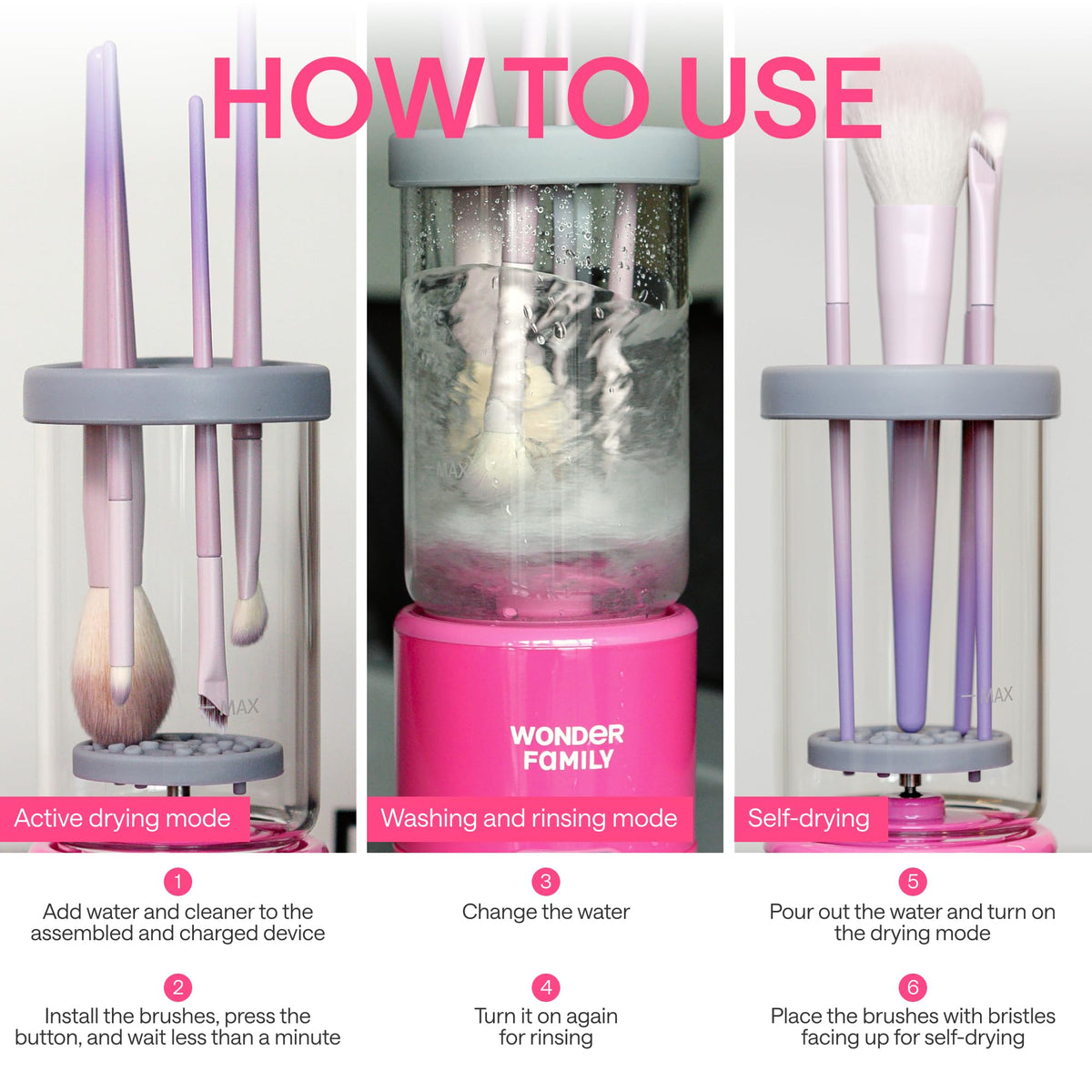 WONDER FAMILY silicone disk rotation action shows deep cleaning capability.