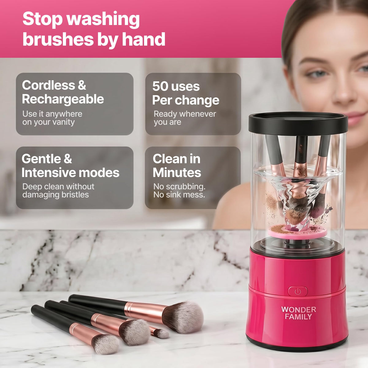 WONDER FAMILY USB rechargeable cleaner pink enables cordless use anywhere.