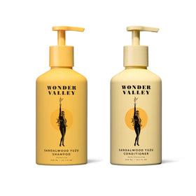 Wonder Valley Sandalwood Yuzu Shampoo bottle highlighting daily-use balance and scalp refresh.