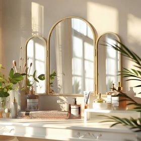 Wonderjune decorative gold vanity mirror elevates ambiance in bedrooms and entryways.
