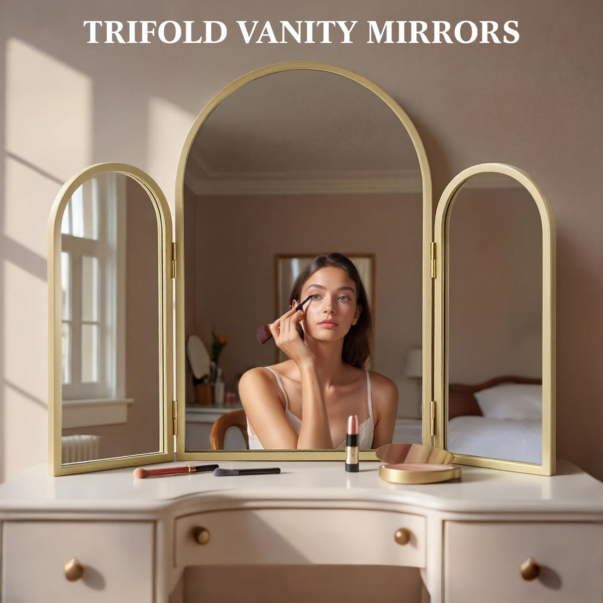 Wonderjune wall-mounted gold mirror enhances living spaces with decorative functionality.