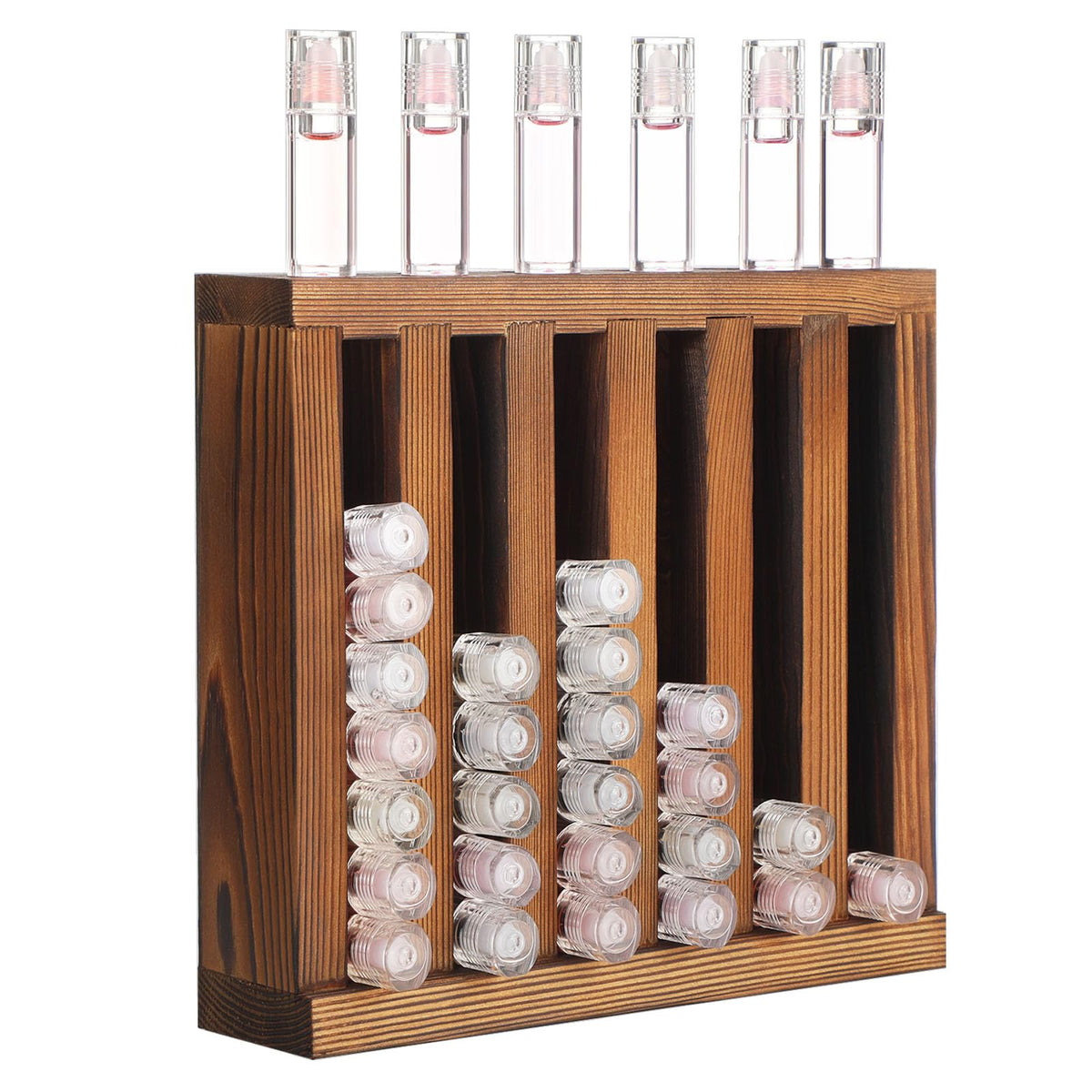 Wonderjune 6-slot wooden lipstick holder front view, organized display for lip balms and lip gloss.