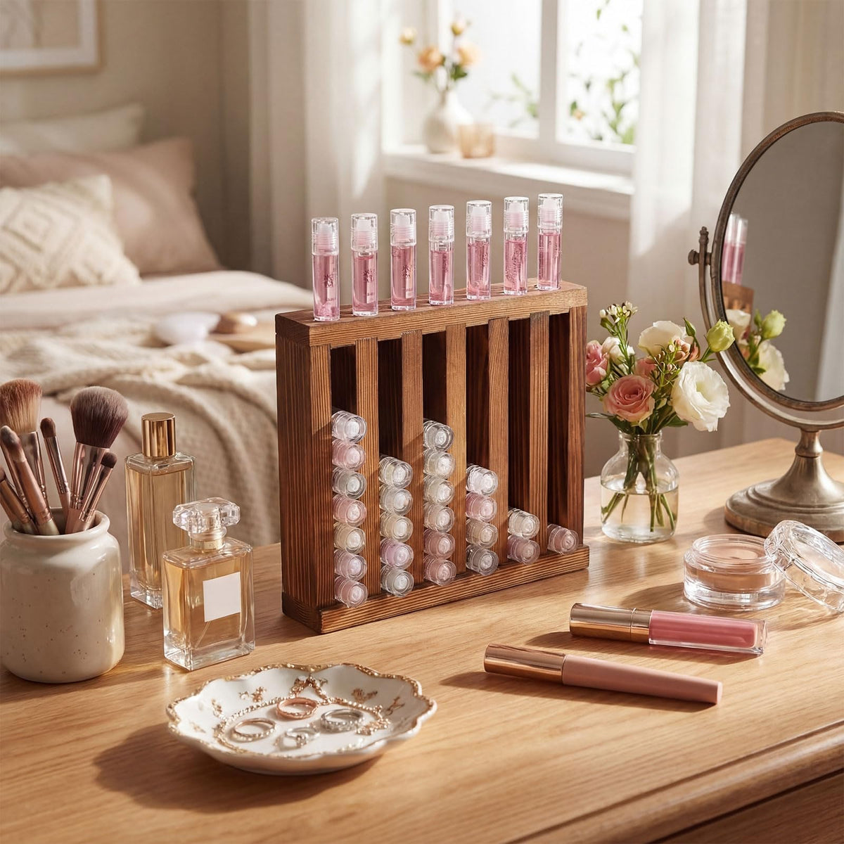 Wonderjune wooden lip holder card-slot closeup showing clear separation.