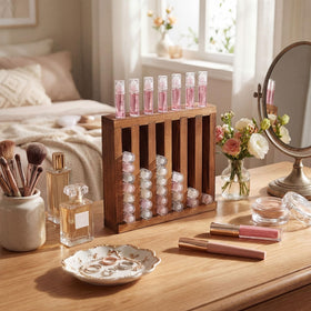 Wonderjune wooden lip holder card-slot closeup showing clear separation.
