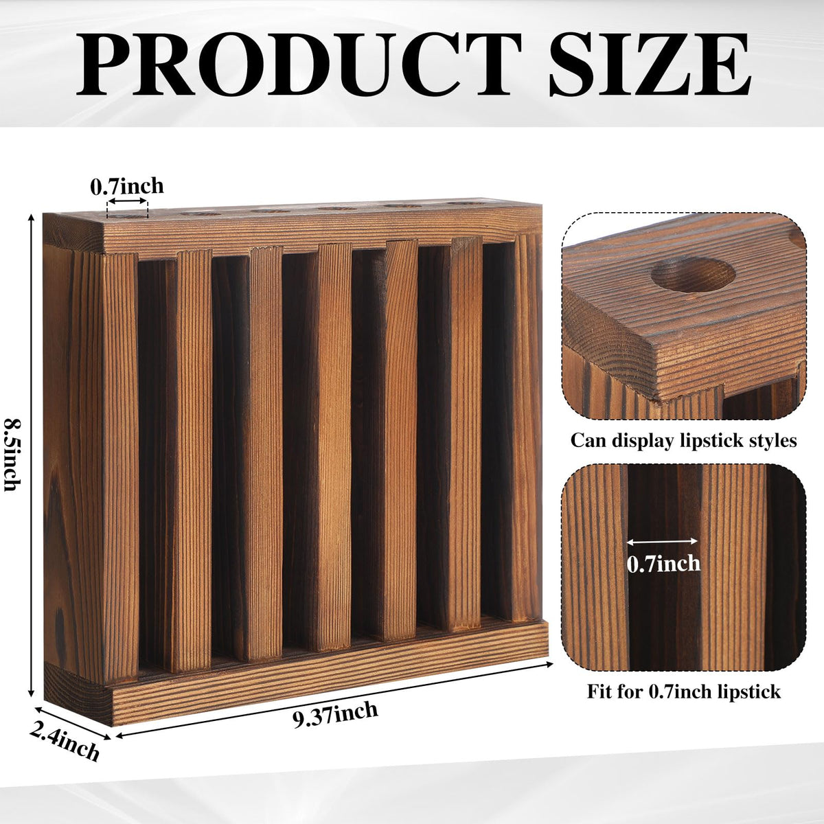 Wonderjune wooden lipstick holder top view shows compact footprint for shelf use.