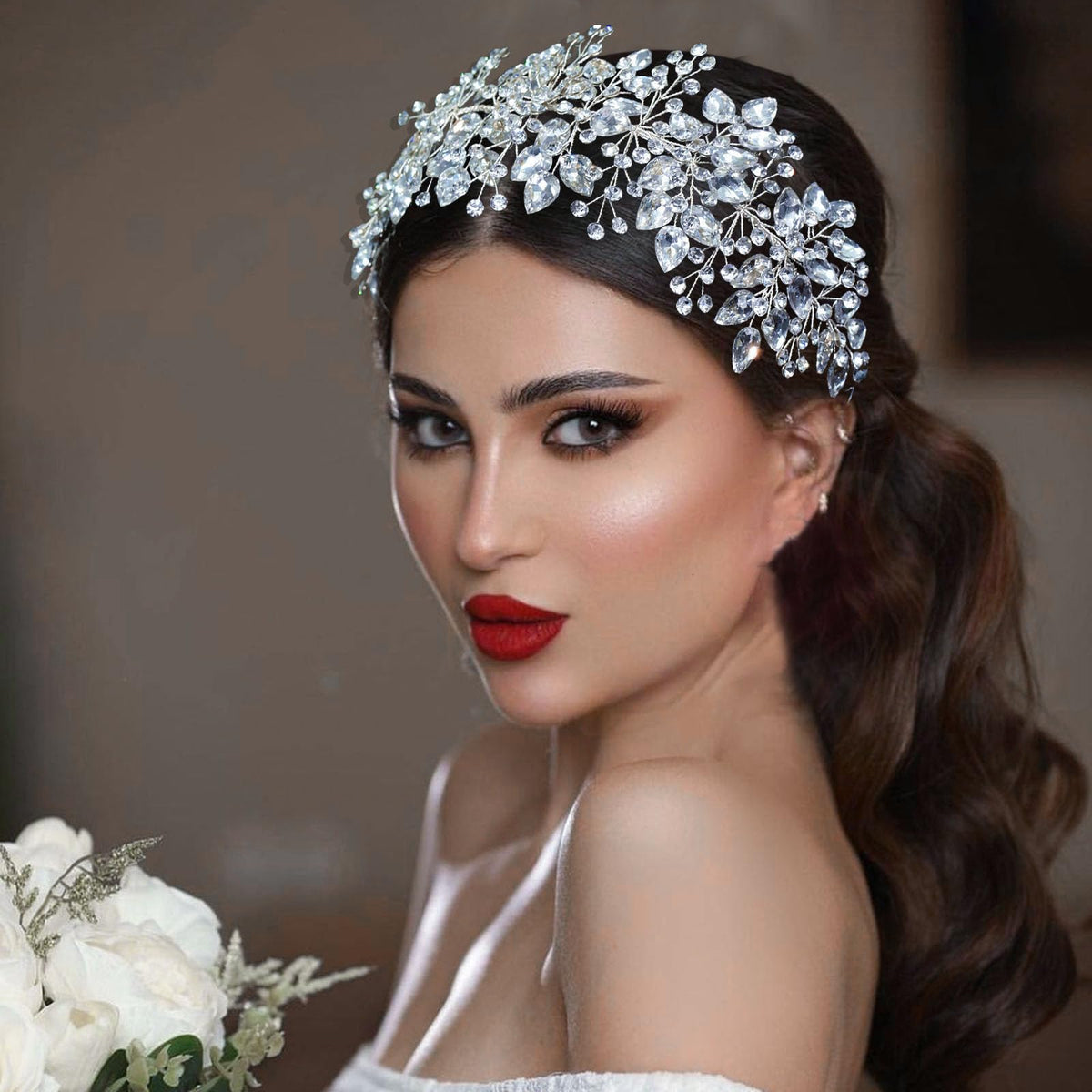 WONRLUA bridal headband worn by a bride for elegant silhouette.