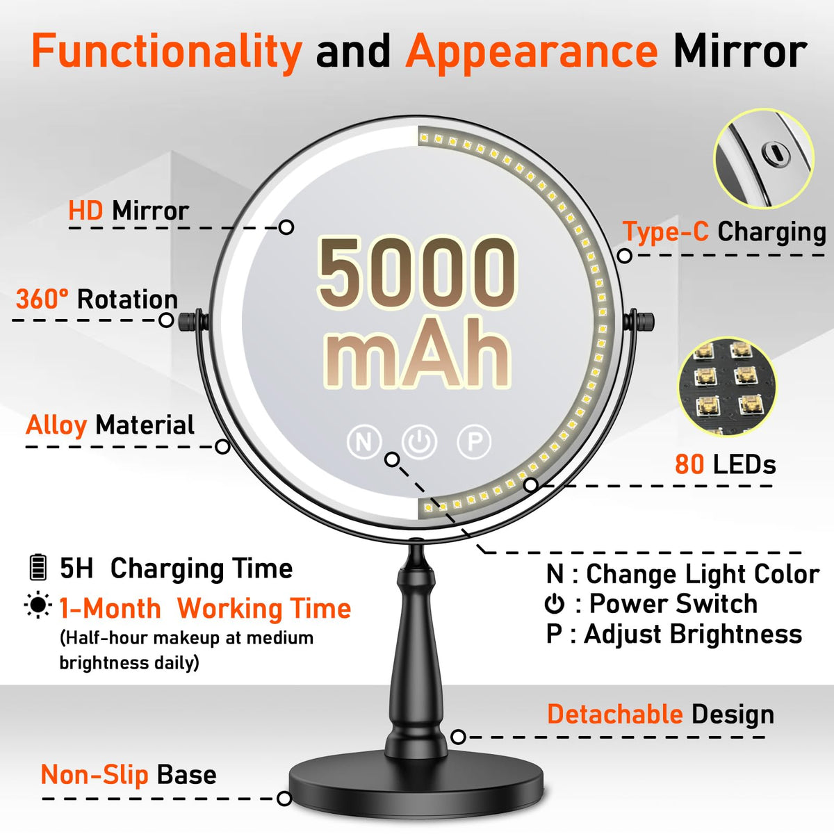 WOOCICA vanity mirror with 3-color lighting for adaptable environments