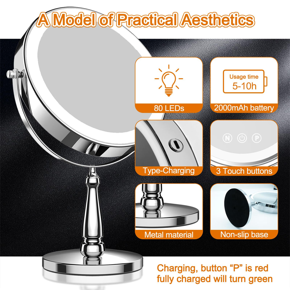 WOOCICA rechargeable mirror with 2000mAh battery for cordless use and extended sessions