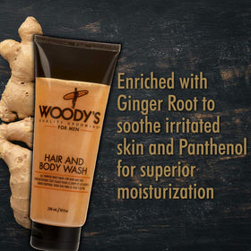 Woody's 2-in-1 Hair and Body Wash with minty grapefruit scent for refreshing mornings.