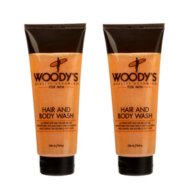 Woody's 2-in-1 Hair and Body Wash bottle for a daily cleanse.