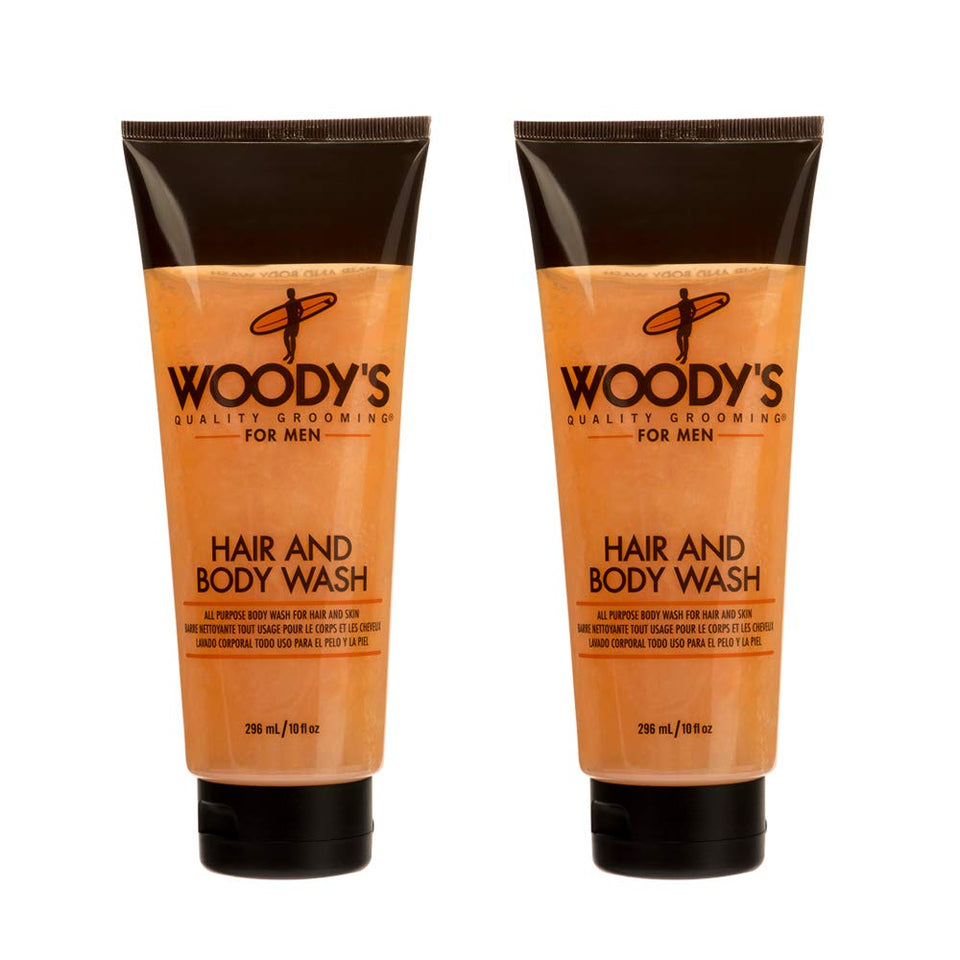 Woody's 2-in-1 Hair and Body Wash bottle for a daily cleanse.