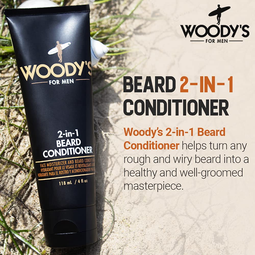Woody's beard conditioner applying with hands, easy daily grooming for a soft beard.