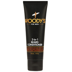 Woody's beard conditioner bottle closeup, showcasing hydrating formula for dry beard and skin.