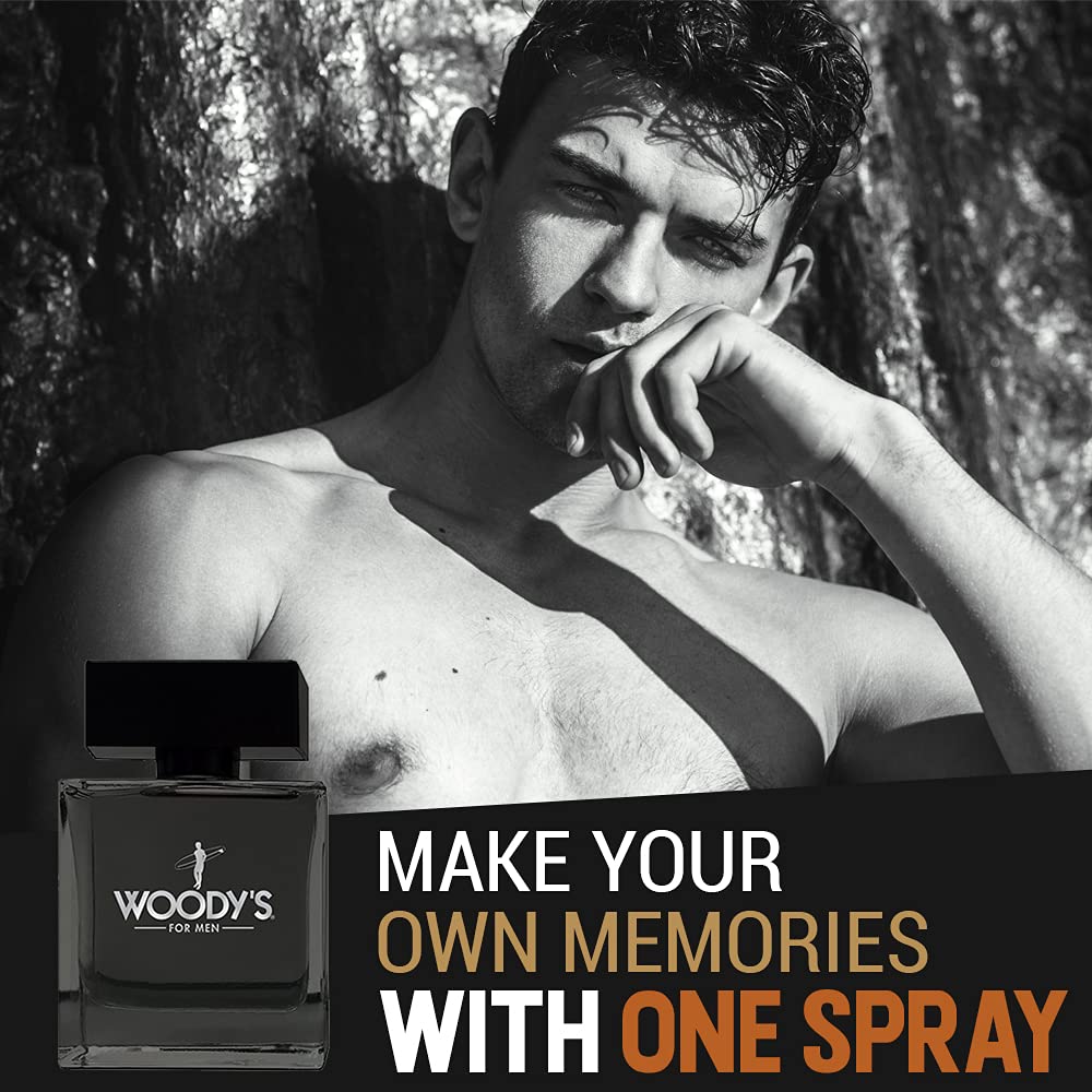 Woody's Cologne label close-up highlights craftsmanship and brand detail.
