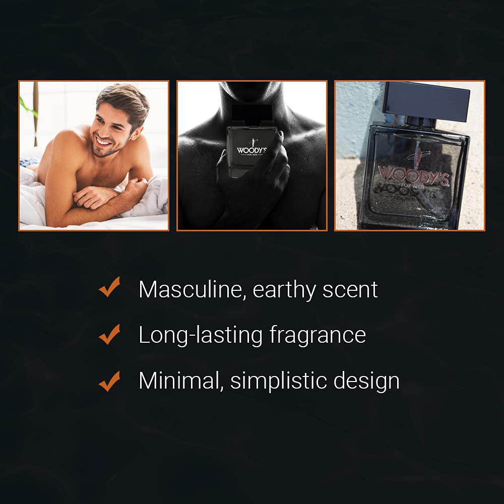 Woody's Cologne bottle with pulse points suggests targeted fragrance use.
