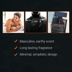 Woody's Cologne bottle with pulse points suggests targeted fragrance use.