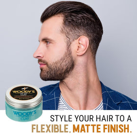 Application shot of Woody's Hair Clay demonstrates easy glide for shaping hair.