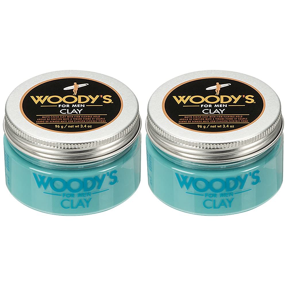 Woody's Hair Clay jar front displays a matte finish for versatile styling.