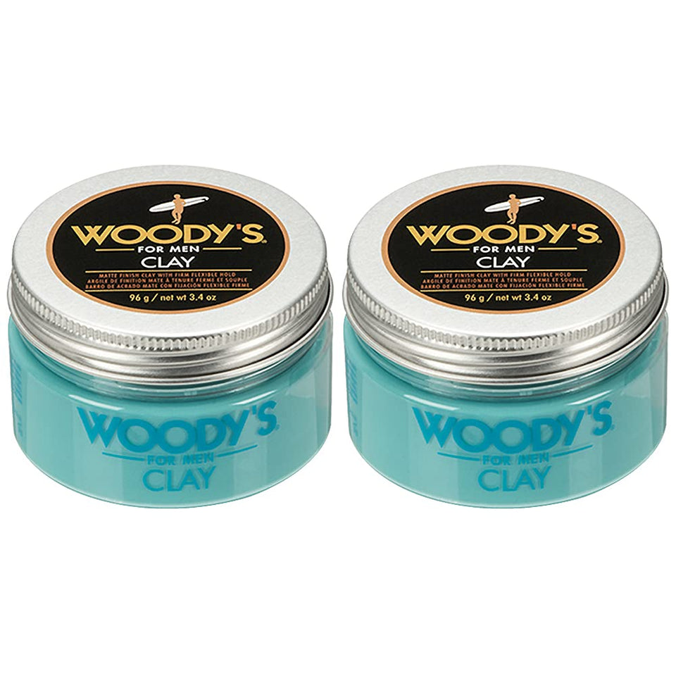 Woody's Hair Clay jar front displays a matte finish for versatile styling.
