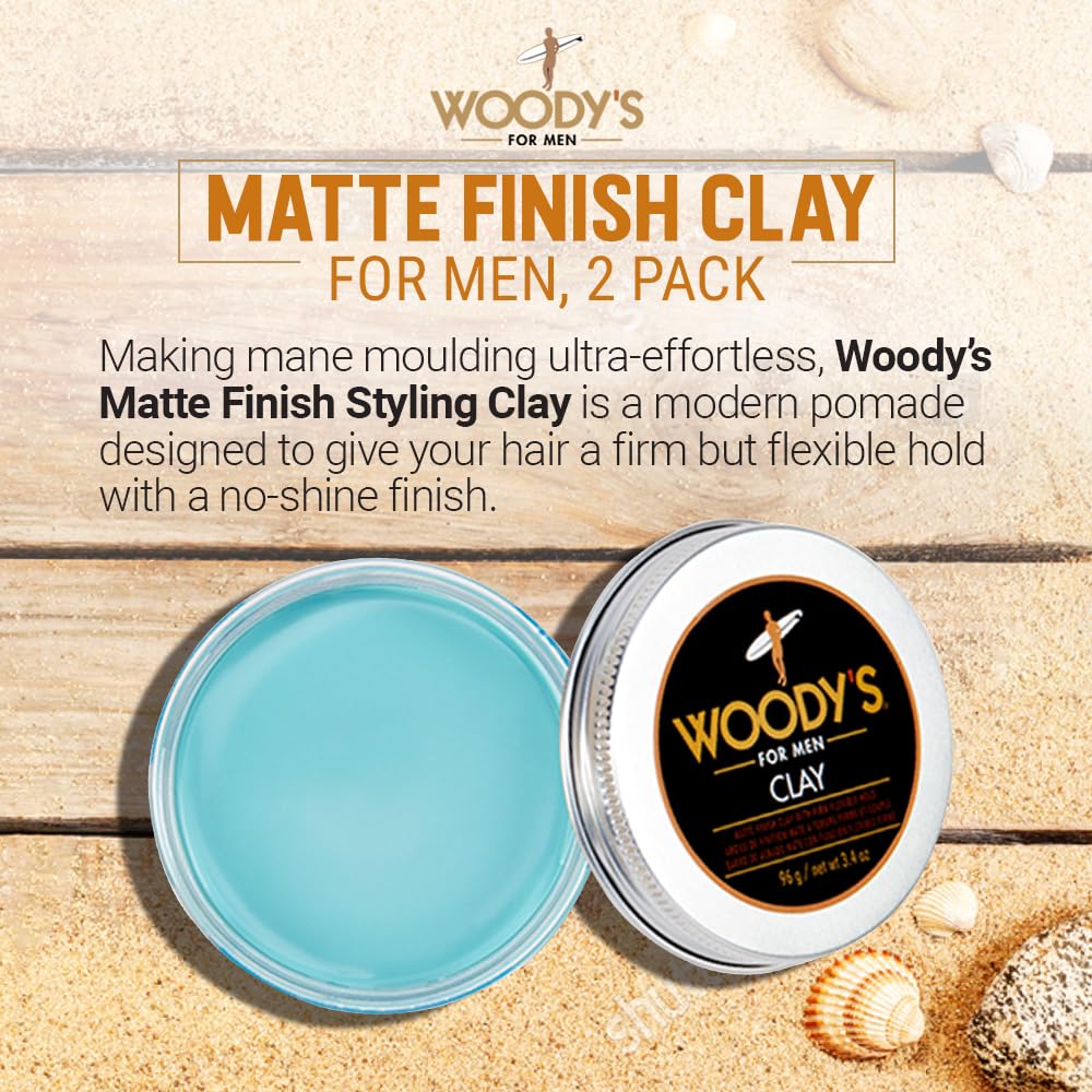Woody's Hair Clay two-pack shown with strong hold and flexible control for daily styling.