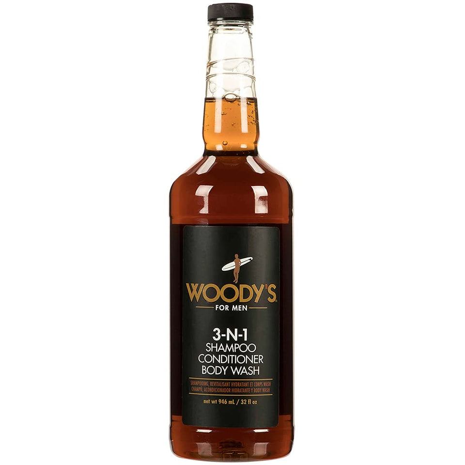 Woody's 3-in-1 bottle pour highlights refreshing cleanse for face, hair, and body.
